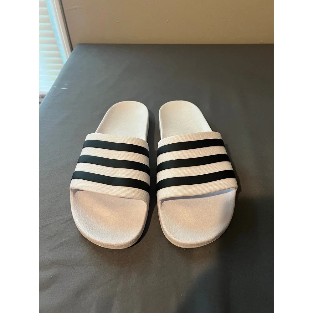 Adidas Adilette Aqua Slides Mens Size 13 White Black F35539 Striped Sandals‎